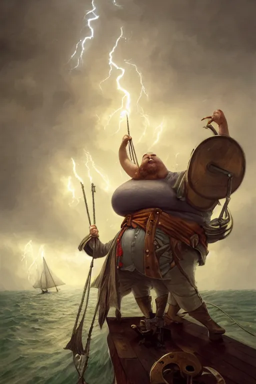 Prompt: mid shot portrait of an obese fat pirate with two peglegs and two hook hands steering a wooden galleon through a rain and lightning storm. view from on deck, sails and masts and rigging, detailed dynamic light painting by peter mohrbacher