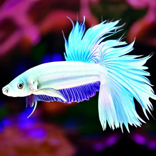 Image similar to a graceful iridescent white betta fish with long swirling fins, black-water-background, aquascaping-photo