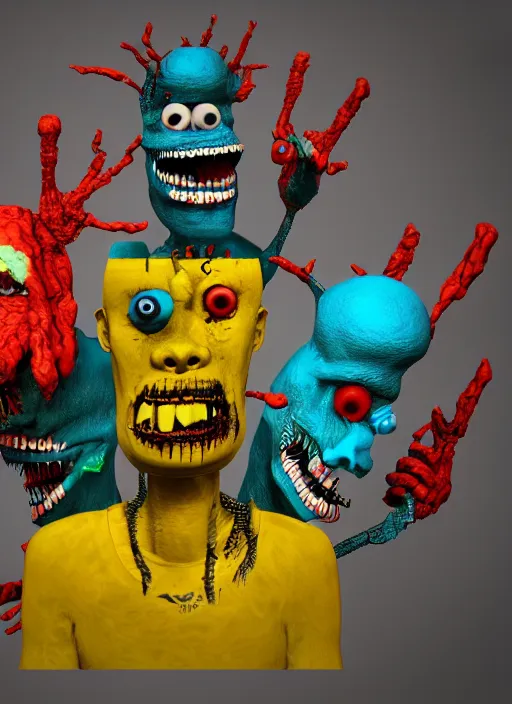 Prompt: multiple 3D crazy monsters in the style of Jean-Michel Basquiat, cinematic, photorealism, octane render, 8k, depth of field, artgem, Trending on artstation