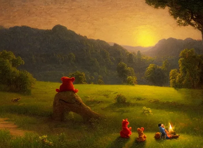 Prompt: american realist romanticism landscape painting of winnie the pooh characters at night, night time, colorful paper lanterns, in the style of hudson river school and thomas cole and albert bierstadt and robert duncanson and vincent van gogh