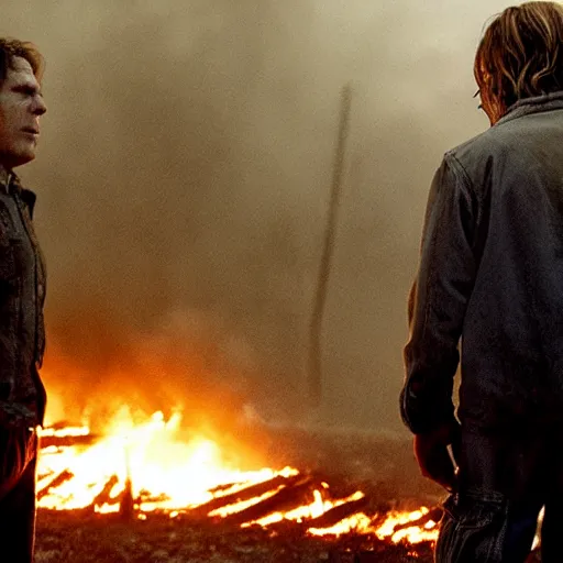 Image similar to trainwreck, boxcar on fire, atmospheric and depressed, post-apocalyptic, Cinematic, film still from a horror movie