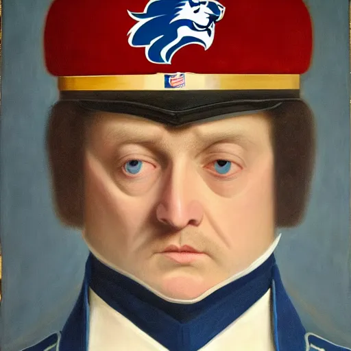 Prompt: facial portrait of nfl detroit lions dictator, military uniform, blue and silver, 1 8 3 4, oil on canvas by william sidney mount, trending on artstation