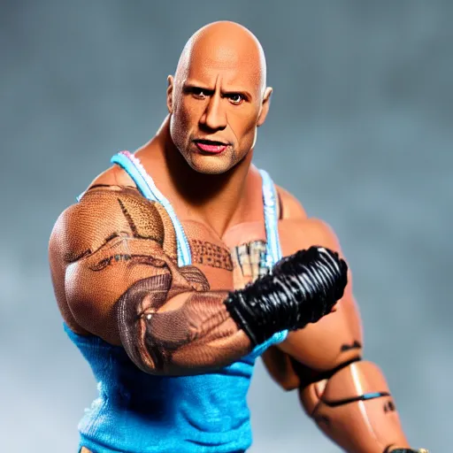 Image similar to Dwayne Johnson (The Rock) as a male barbie doll, Mattel, studio product photography, professional, detailed, f/8.0