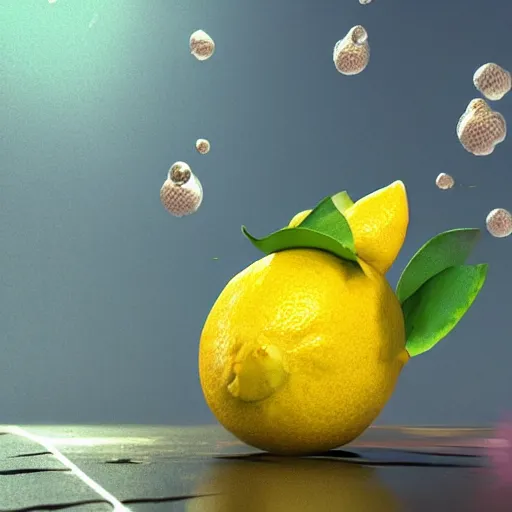 Image similar to a lemon in a back yard laughing happily at the mad scientists which are falling from the sky , made by Stanley Artgerm Lau, WLOP, Rossdraws, ArtStation, CGSociety, concept art, cgsociety, octane render, trending on artstation, artstationHD, artstationHQ, unreal engine, 4k, 8k,