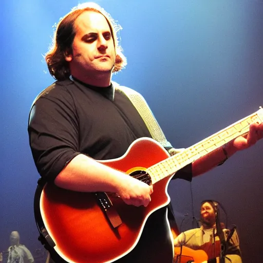 Prompt: michael scott in tenacious d, concert photo, guitar, microphone, kyle gass