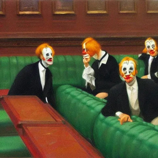 Prompt: a highly detailed fine art painting of multiple british members of parliament in the house of commons wearing clown costumes and smoking. in the style of edward hopper, richard hamilton. concept art. whimsical. green leather benches.