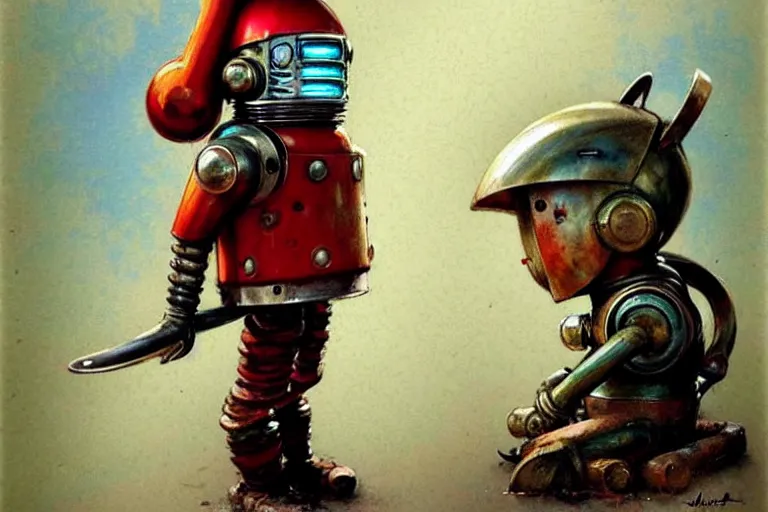 Image similar to adventurer ( ( ( ( ( 1 9 5 0 s retro future robot android explorer knomes. muted colors. ) ) ) ) ) by jean baptiste monge!!!!!!!!!!!!!!!!!!!!!!!!! chrome red
