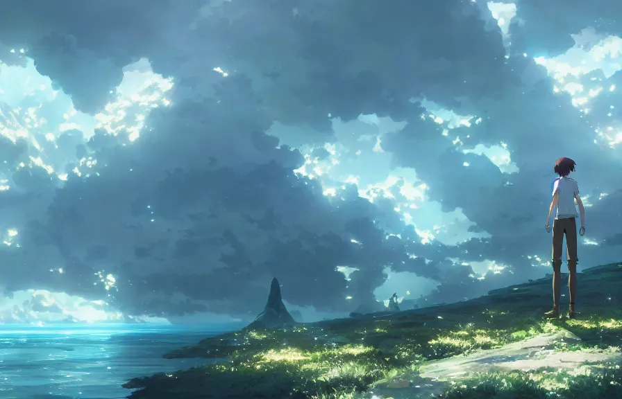 Image similar to makoto shinkai concept art of the cloud island dimension, key visual, ambient lighting, highly detailed, digital painting, artstation, concept art, sharp focus, by makoto shinkai and akihiko yoshida and hidari and wlop and greg rutkowski