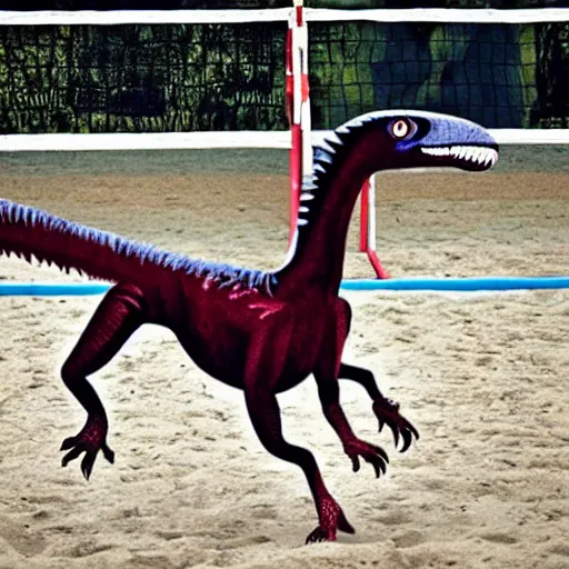 Image similar to a velociraptor playing volleyball with a horse