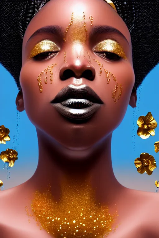Prompt: hyperrealistic precisionist cinematic profile very expressive! black oshun goddess, in water! up to shoulders, mirror dripping droplet!, gold flowers, highly detailed face, digital art masterpiece, smooth eric zener cam de leon, dramatic pearlescent turquoise light on one side, low angle uhd 8 k f / 5. 6 iso 2 0 0