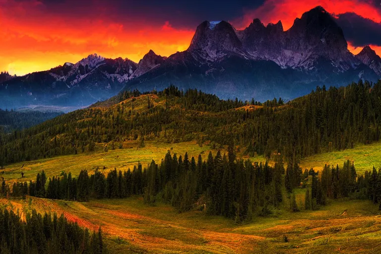 Image similar to tall mountains, sunset, photograph, ultra realistic