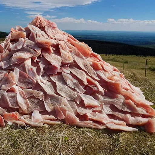 Prompt: hillside made of raw chicken skin