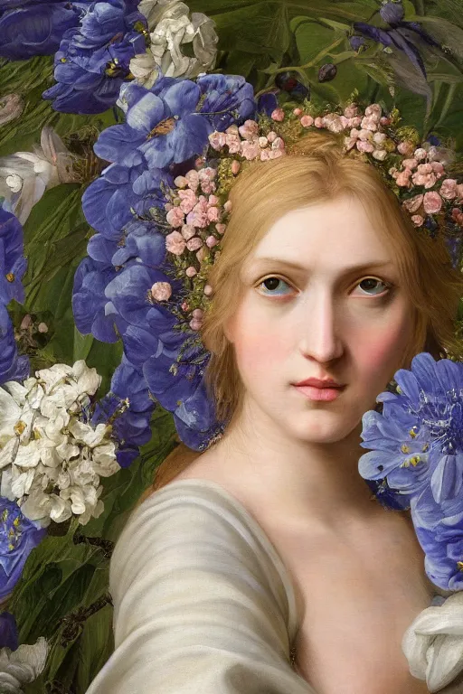 Prompt: hyperrealism close-up mythological portrait of a medieval blond female merged with huge number of flowers, blue palette, pale skin, wearing silver silk robe, in style of classicism