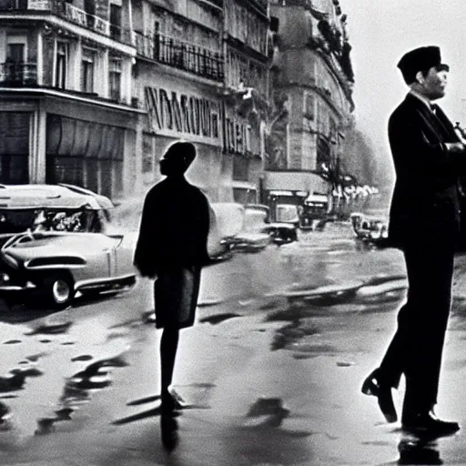 Image similar to movie still from 1 9 6 3 movie about a detective in paris