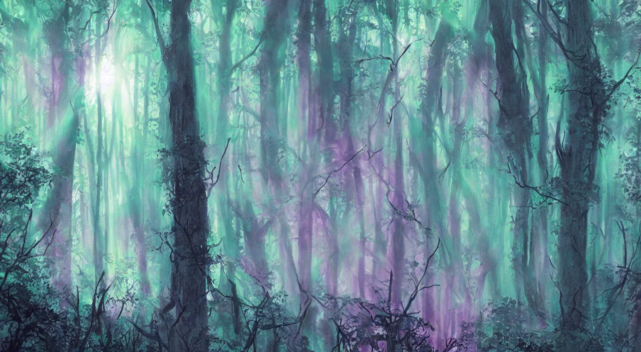 Prompt: forest mist sun beams mysterious scary deep dark hyper realistic detailed illustration by jack kirby concept art graphic novel matte painting magenta teal