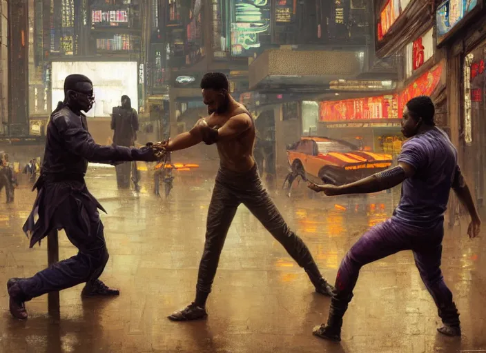 Prompt: chidi demonstrates skills in cyberpunk jujitsu match ( blade runner 2 0 4 9, dystopian, cyberpunk 2 0 7 7 character design ). orientalist portrait by john william waterhouse and james gurney and theodore ralli and nasreddine dinet, oil on canvas. cinematic, hyper realism, realistic proportions, dramatic lighting, high detail 4 k