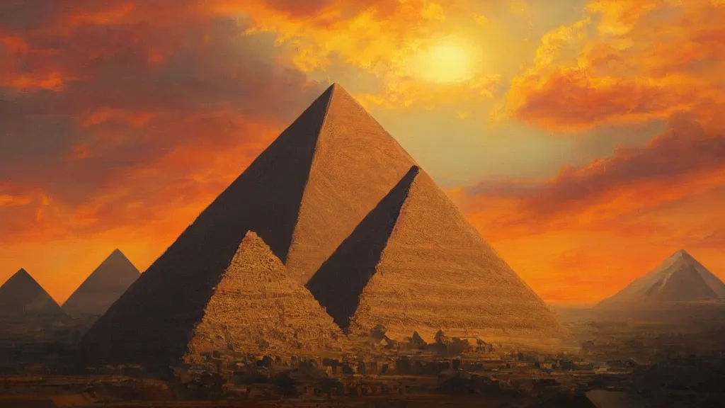 Image similar to Trending on artstation, beautiful pyramid with golden tip illuminated by the sunset, detailed matte painting, oil on canvas