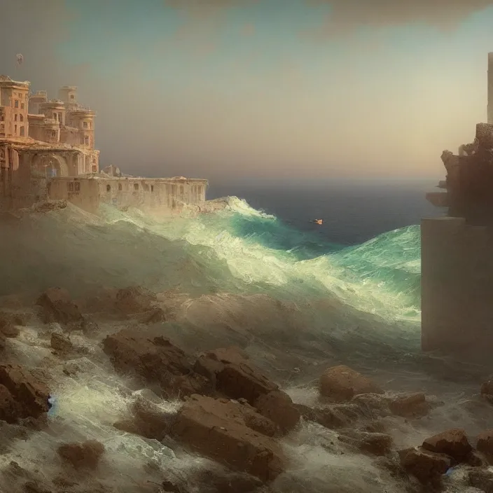 Image similar to a beautiful painting of ruins on the sea by ivan aivazovsky and zdzisław beksinski and rene magritte and greg rutkowski and james gurney, in style of digital art. hyper detailed, sharp focus, soft light. octane render. ray tracing. trending on artstation