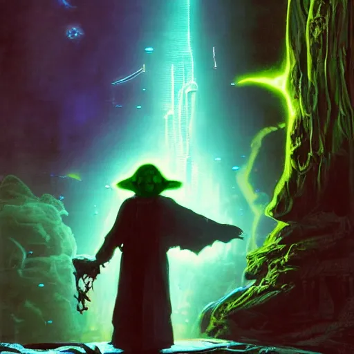 Prompt: yoda is angry and turning to the dark side, overwhelming energy, detailed background by m. w. kaluta + bruce pennington, dark side, neon color, volumetric lighting, colorful vapor, deep dark color, floating molecules, digital painting, oil painting, artwork by ralph mcquarrie + cory loftis + andreas rocha + paul lehr + ian mcque + eddie mendoza