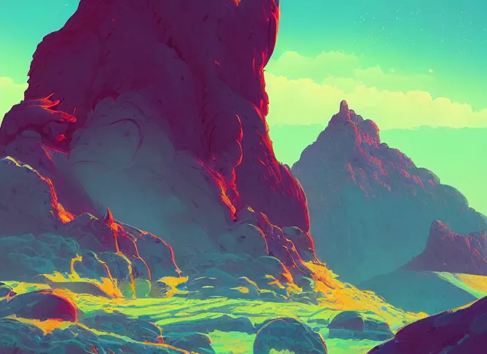 Prompt: psychedelic art of a mountain shaped like a dinosaur, detailed, cel shaded, by makoto shinkai and moebius and anton fadeev and james gurney