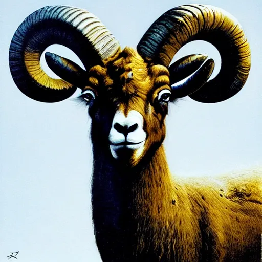 Image similar to Angry Bighorn Sheep portrait, dark fantasy, blue and yellow, artstation painted by Zdzisław Beksiński and Wayne Barlowe