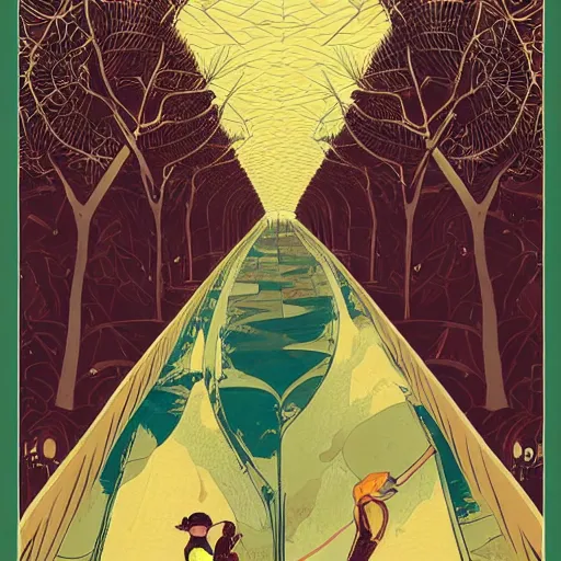 Prompt: a drawing of two men running together, a poster by victo ngai, pixiv contest winner, art nouveau, official art, wiccan, tarot card