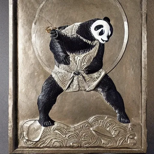 Prompt: Metalwork of a Panda practing karate, medieval art, fragmented metal medieval sculpture of a penguim