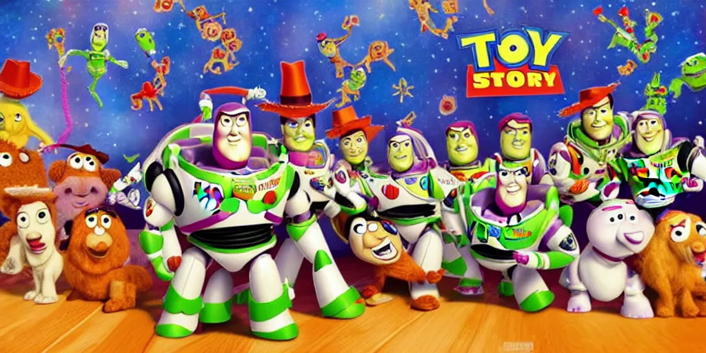 Image similar to a very high detailed painting of toy story in cyberspace