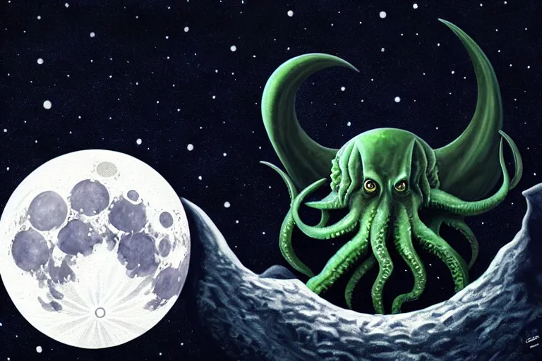 Image similar to Bob Belcher Cthulhu chimera on the photorealistic moon surface, high detail, movie poster, lunar, silhouetted