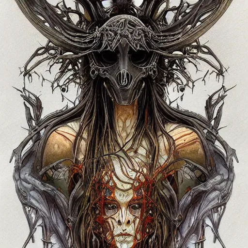 Image similar to Elden Ring themed painting of hybrid majestic biomechanical satanic cultist human beautiful undead angel symmetrical face angry mask closeup face breathing mask tattoo pattern golden ratio concept, deep forest psytrance Neo-Gothic concept, infinity glyph waves, intricate artwork masterpiece, very coherent artwork, cinematic, full frontal facial features by Artgerm, Takato Yamamoto, Zdizslaw Beksinski, Johnatan Wayshak, Moebius, Ayami Kojima, very anatomically coherent artwork, trending on cgsociety, ultra high quality model, production quality cinema model, high detail chromatic ink outline, octane render, unreal engine 8k, hyper realism, high detail, octane render, unreal engine, 8k, High contrast