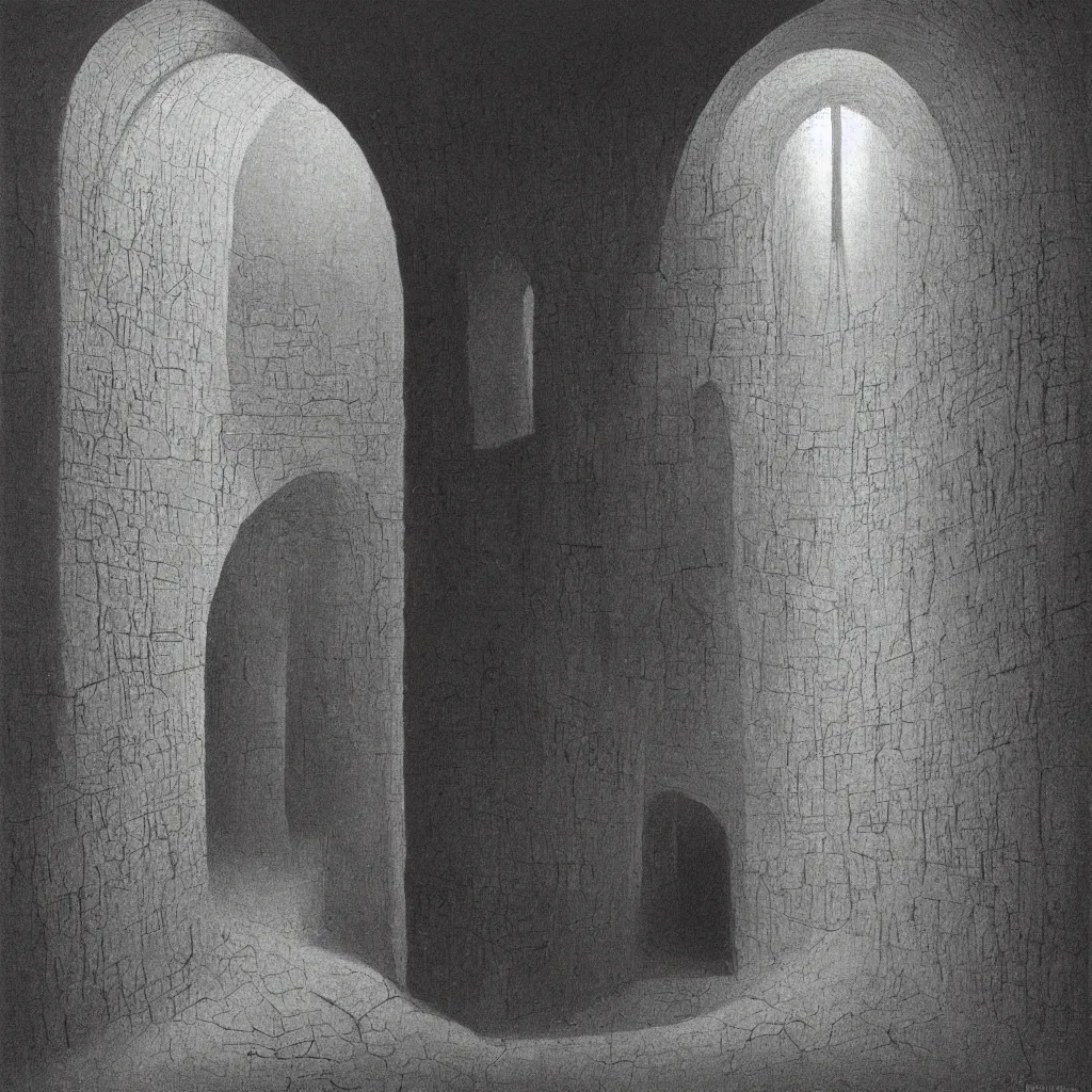 Image similar to cathedral, dungeon, sepulcher, oubliette. unsettling. semi - organic. tunnel, doorways. zdzisław beksinski