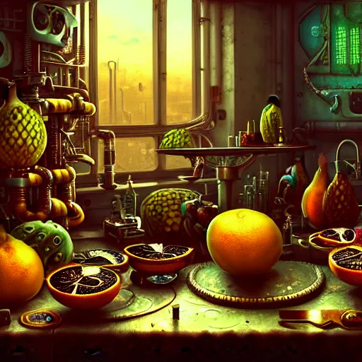 Prompt: hyperdetailed standalone fruit on a table. cyberpunk steampunk solarpunk in the style of a childrenbook illustration and. maximalist mixed media. matte background in natural tones. 8 x hd in the style of pieter claesz, jacob van es, juan sanchez cotan, jean - baptiste belin.