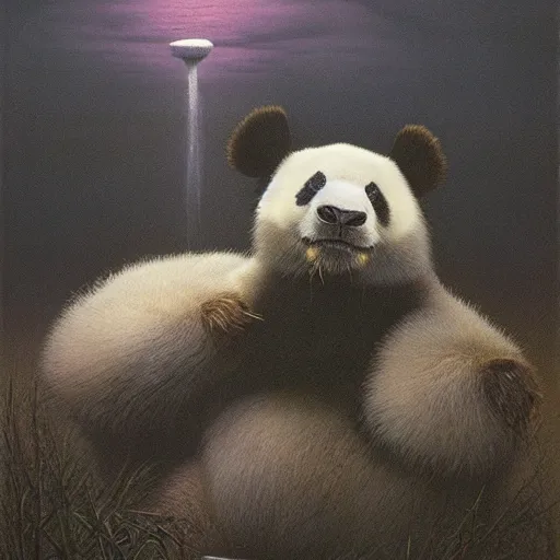 Prompt: Panda Monster in dark place by zdzisław beksiński