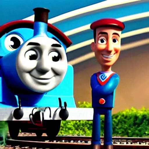 Image similar to jeff bezos as a train in thomas the tank engine