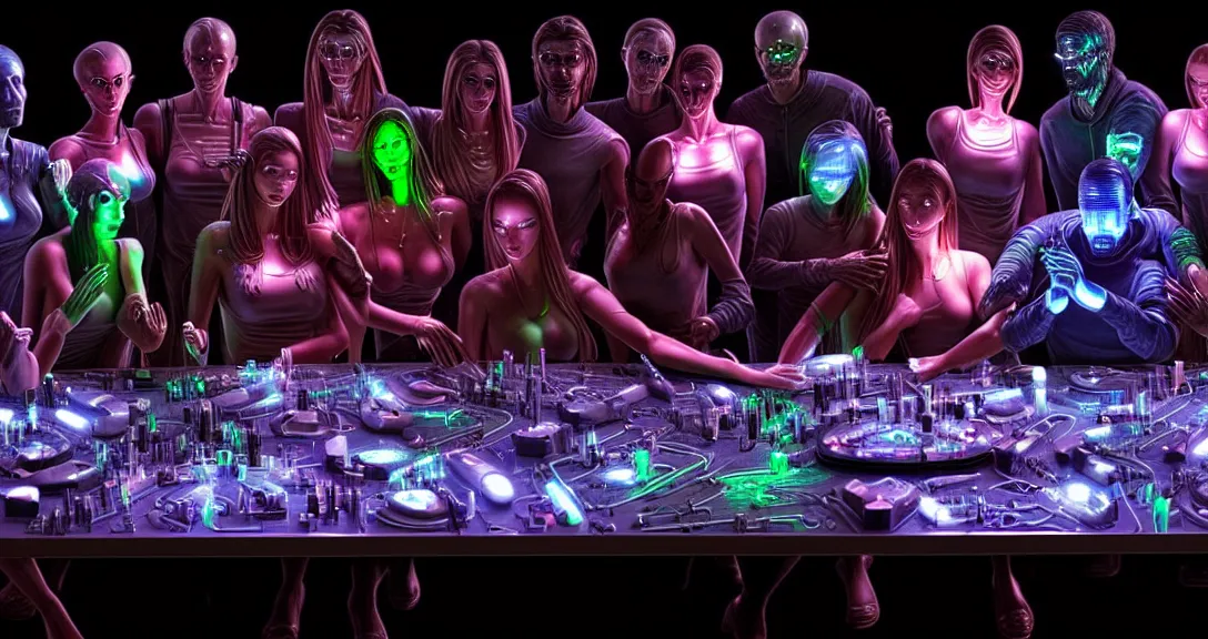 Prompt: beauty, !13 diverse cyborgs on !one_side of a reflective !cybernetic table, !!posing_as_last_supper, inticrate detailed glowing implants, !!highly detailed, dramatic lighting, electrical details, high details, beautiful lighting