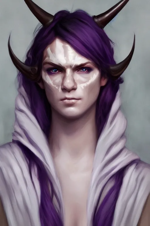Prompt: white horned djinn human hybrid, careless, portrait, concept art, full body purple and white thich cloak, single face, illustration, costume desig, editorial photo, fashion, hyperrealism, realism, trending on artstation, Charlie Bowater, WLOP