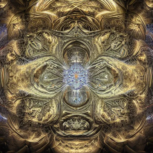 Image similar to a hyperrealistic 3 d render of a huge sprawling fractal cathedral interior populated by mandelbrot fractals by android jones, unreal engine, carved stone, carved soap, white color scheme, volumetric lighting, octane render, dramatic lighting, glowing, carved marble, opalescent, sacred geometry, religious, angelic, catholicpunk, stark, 8 k, ultra detailed