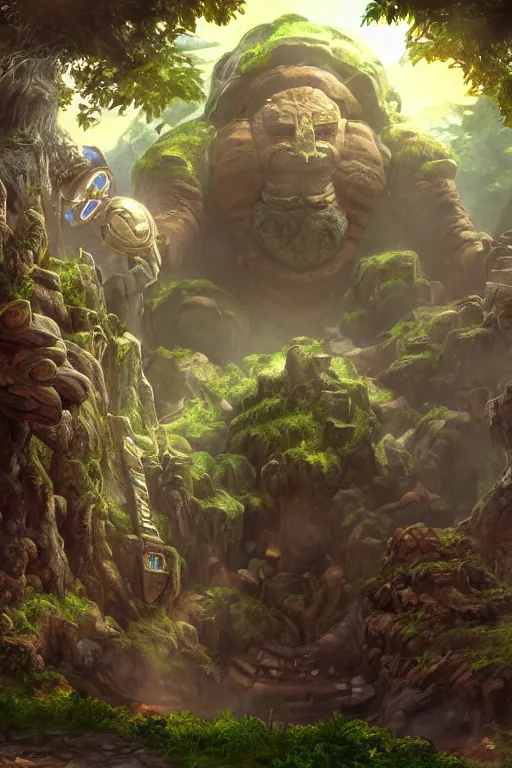 Image similar to zelda fantasy art giant golem troll wood rock greeble gemstone, global illumination ray tracing hdr fanart arstation by sung choi and eric pfeiffer and gabriel garza and casper konefal