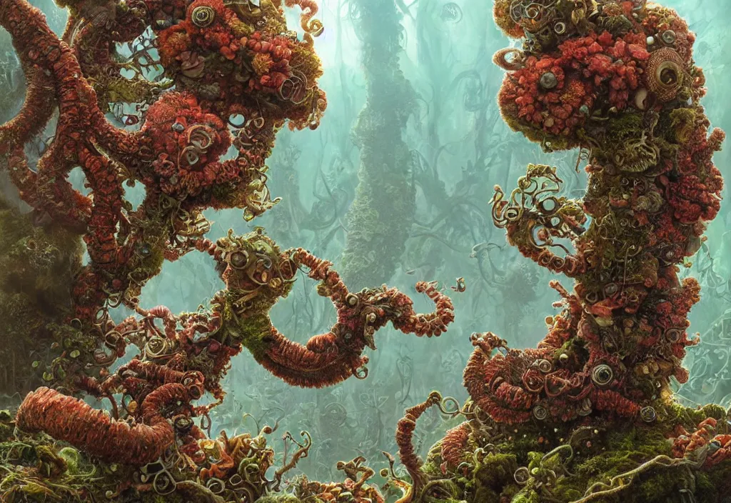 Prompt: illustrationand highly detailed render of a strange moss fungus and coral creature, lovecraftian, steampunk, biological, milky way environment, ultra realistic, concept art, intricate details, cheerful, highly detailed, photorealistic, octane render, 8 k, unreal engine. art by hr guger and artgerm and greg rutkowski and alphonse mucha