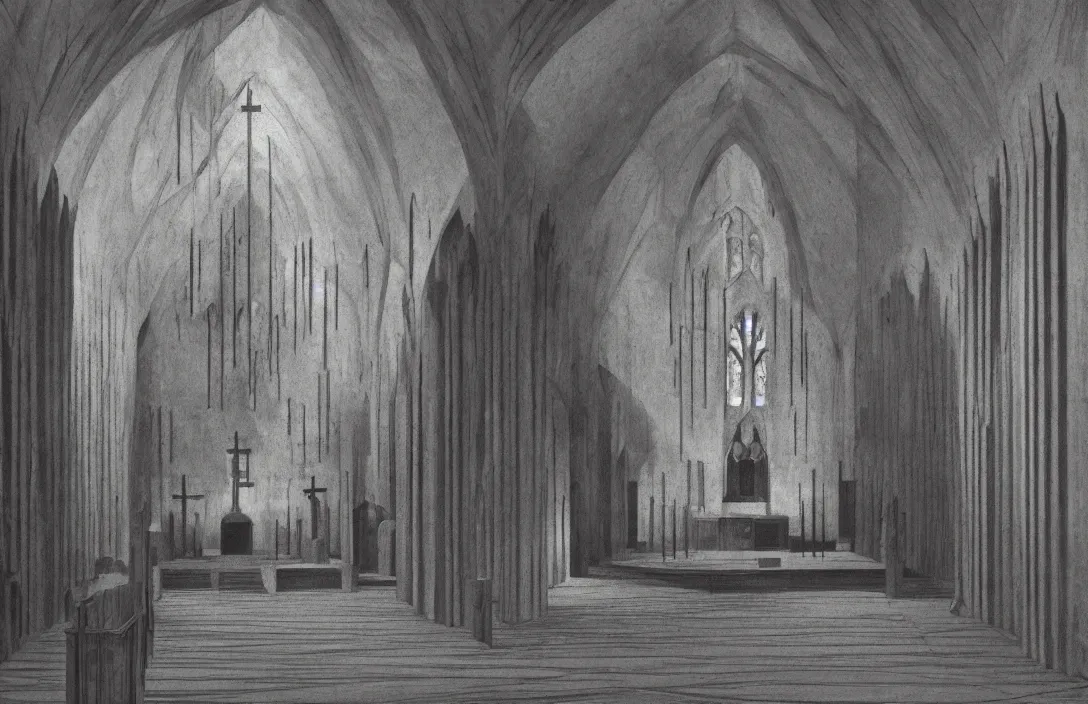 Prompt: in this church interior, vertical lines suggest spirituality, rising beyond human reach toward the heavens. work of art claymation intact flawless ambrotype from 4 k criterion collection remastered cinematography gory horror film, ominous lighting, evil theme wow photo realistic postprocessing sequestered corner of a garden within a castle walls painting by grant wood