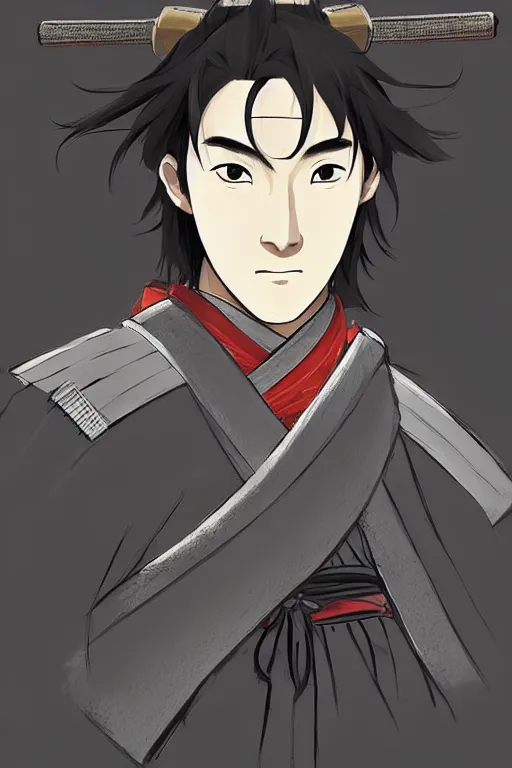 Prompt: face portrait of a handsome and rough samurai ronin with a square jawline, short messy hair, and wearing a haori, by makoto shinkai, takashi takeuchi, studio ghibli, wlop, kyoto studio, digital painting masterpiece, concept art, sharply focused, trending on pixiv fanbox, extremely detailed, vibrant colors, cinematic, glow