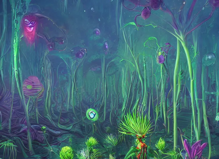 Prompt: a forest of alien plants, award winning concept art, colorful, vibrant, surreal, trending on artstation