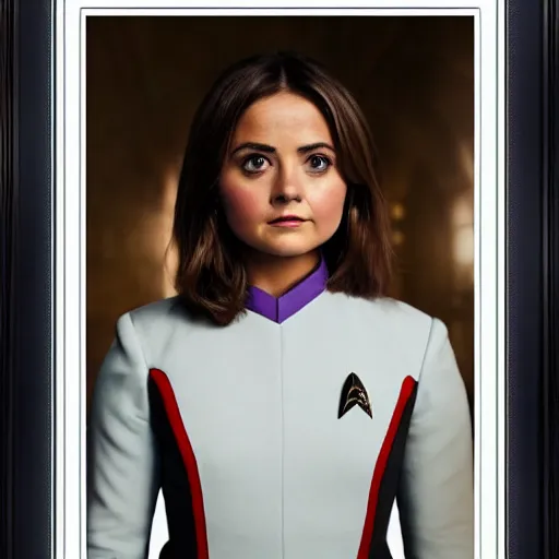 Prompt: a beautiful full body photograph of jenna coleman as a star fleet science officer from star trek next generation, full dress uniform, symmetrical face, extreme realism and detail, 8 k, completely framed, direct lighting, 3 5 mm photo, photorealistic, sharp focus