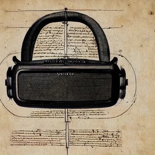 Prompt: Vintage, detailed, sketch of Oculus Rift, with full descriptions, on parchment. Taken from Leonardo da Vinci's Codex Atlanticus