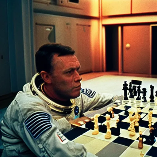 Prompt: Space odyssey astronaut playing chess in the shining by stanley kubrick, shot by 35mm film color photography