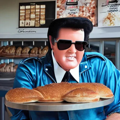 Prompt: Elvis at wholegrain bakery Aldinga hyper realistic, high octane