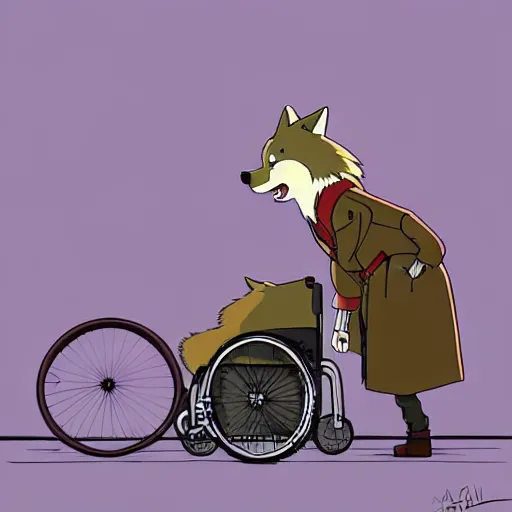 Prompt: a study of cell shaded cartoon of a wolf in a wheelchair from howl's moving castle ( 2 0 0 4 ) on a desert road, full body, wide shot, very muted colors, post grunge, studio ghibli, laurie greasley, highly detailed, deviantart, art by artgem