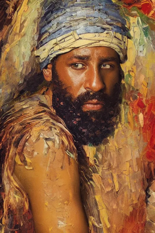 Prompt: highly detailed palette knife oil painting of a historically accurate depiction of the ancient biblical eqgptian prince moses, thoughtful, by Peter Lindbergh, impressionistic brush strokes, painterly brushwork