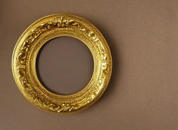 Image similar to beautiful baroque circular portrait picture frame, royal, gilded with gold, magical, fantasy, metallic