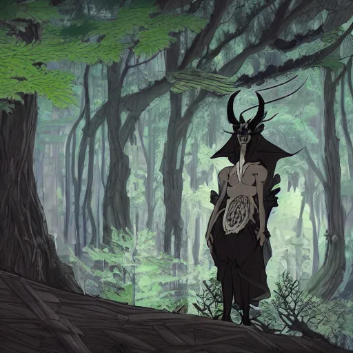 Image similar to concept art painting of an anthropomorphic dragon king with black robes, a long neck, and skull mask, in a deep forest, cel shaded, in the style of makoto shinkai and james gurney and studio ghibli and moebius